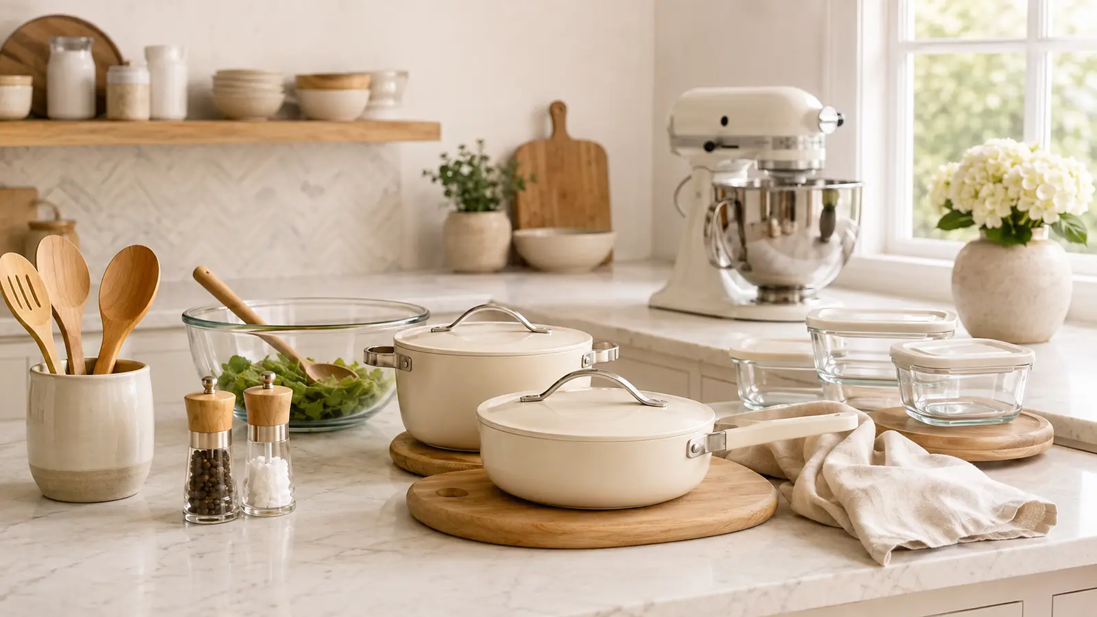 A curated neutral luxury kitchen featuring cookware, glass storage, utensils, and countertop finds